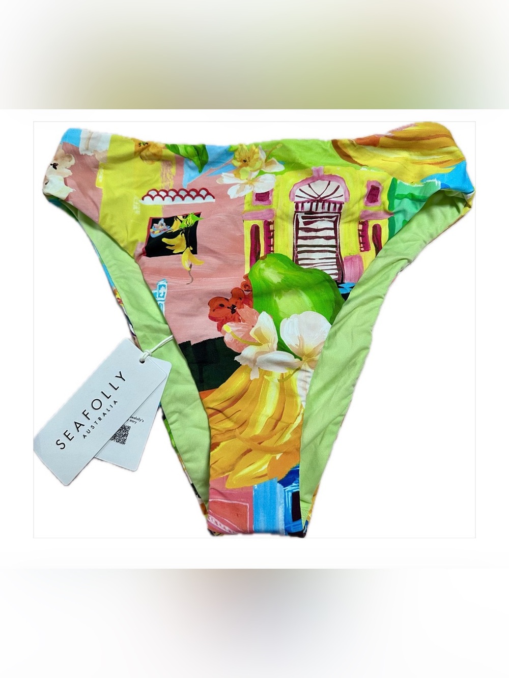 NWT Seafolly Women’s Bikini Bottom in Yellow, Green and Pink Tropical Print